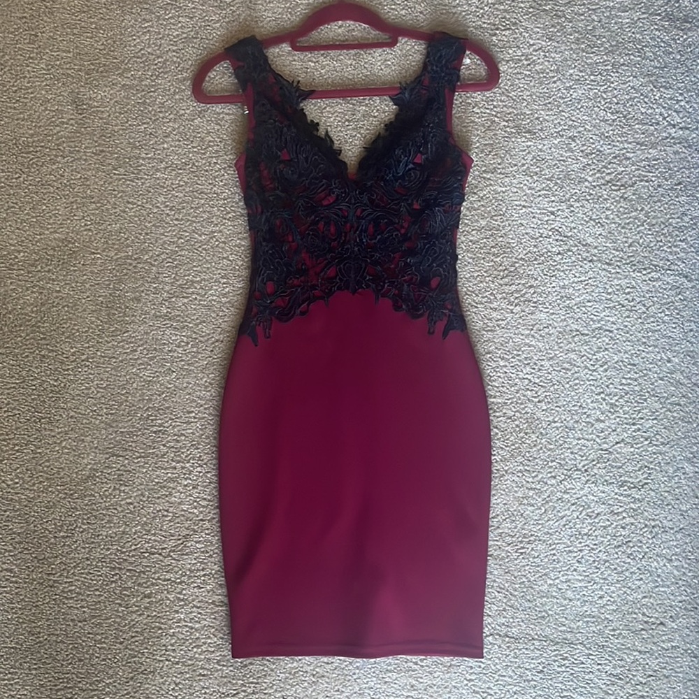 Lipsey London dark red with black lace mini dress
